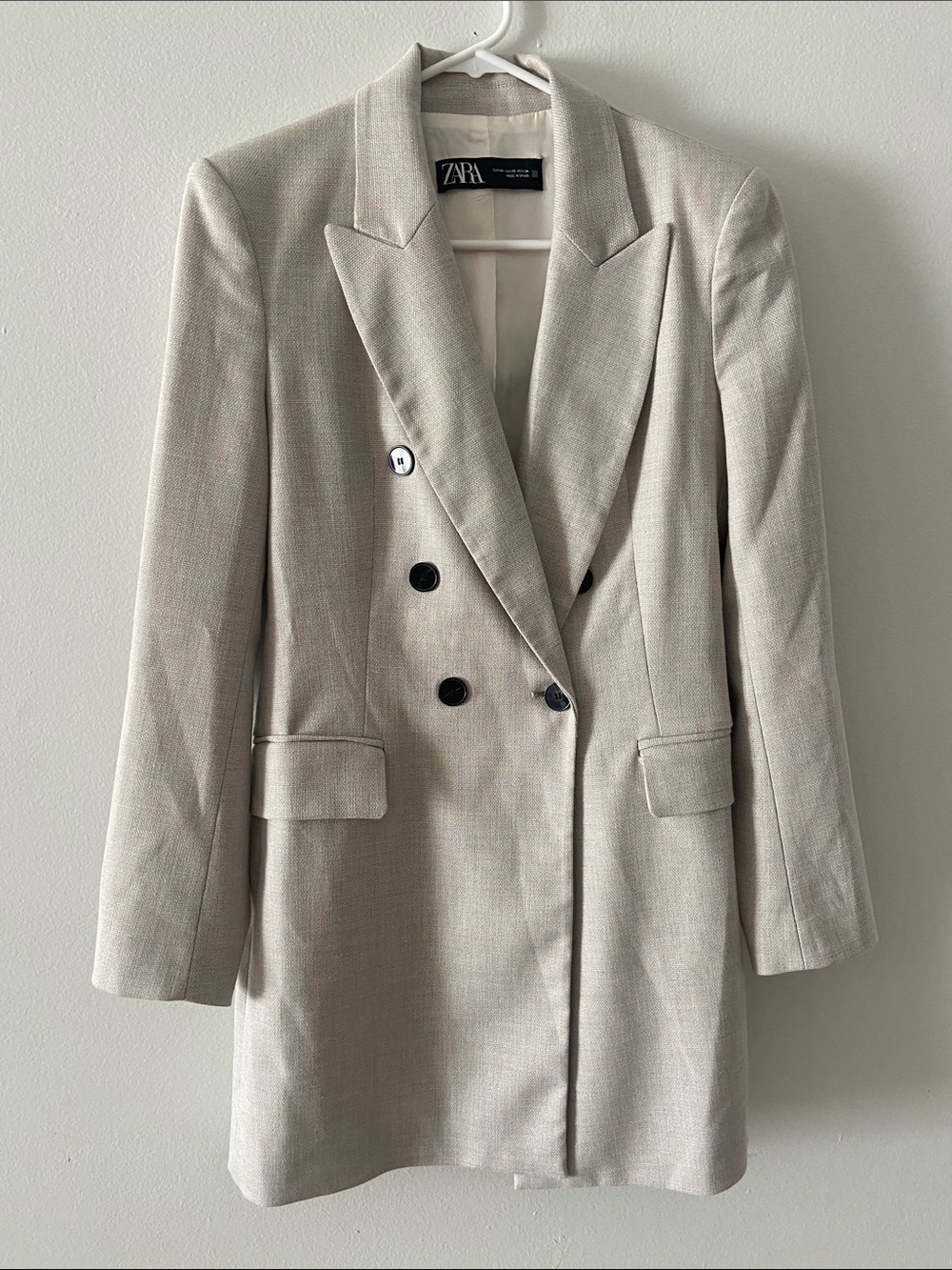Zara Double Breasted Longline Longer Length Tailored Blazer Taupe Gray XS